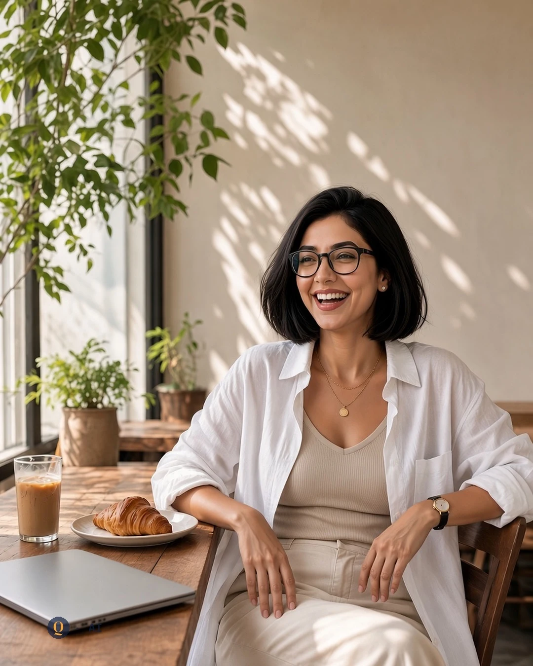 Quinn laughing at a sunny café, wearing her signature black glasses