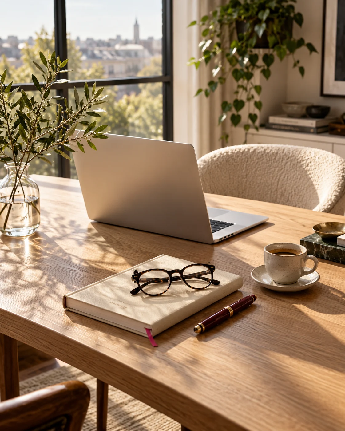 A sunlit professional workspace with a laptop, planner, glasses and coffee